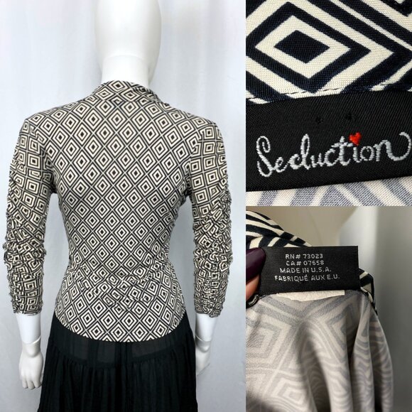 Vintage 90s Seduction top silky stretchy retro geometric belted collar small - Picture 3 of 3